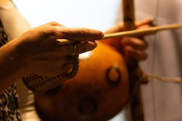 Virtual berimbau — gourd and wire musical bow close-up