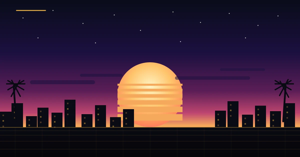 Original neon sunset illustration with a grid horizon, standing in for the Miami-style setting of the series